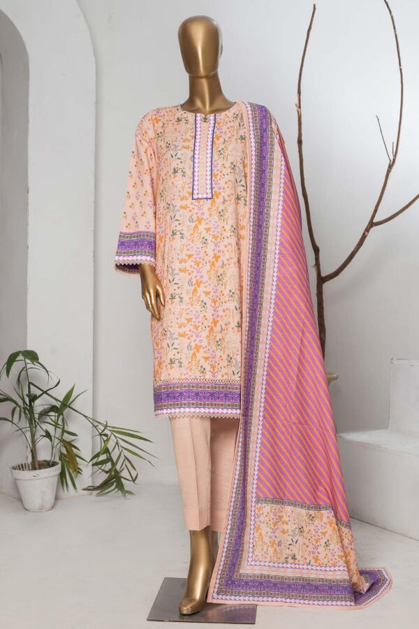 Bin Saeed Stitched 3 Piece Printed Khaddar Collection-Peach