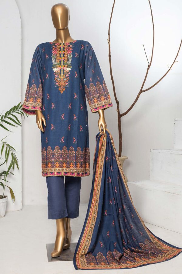 Bin Saeed Stitched 3 Piece Printed Khaddar Collection 2022 Blue