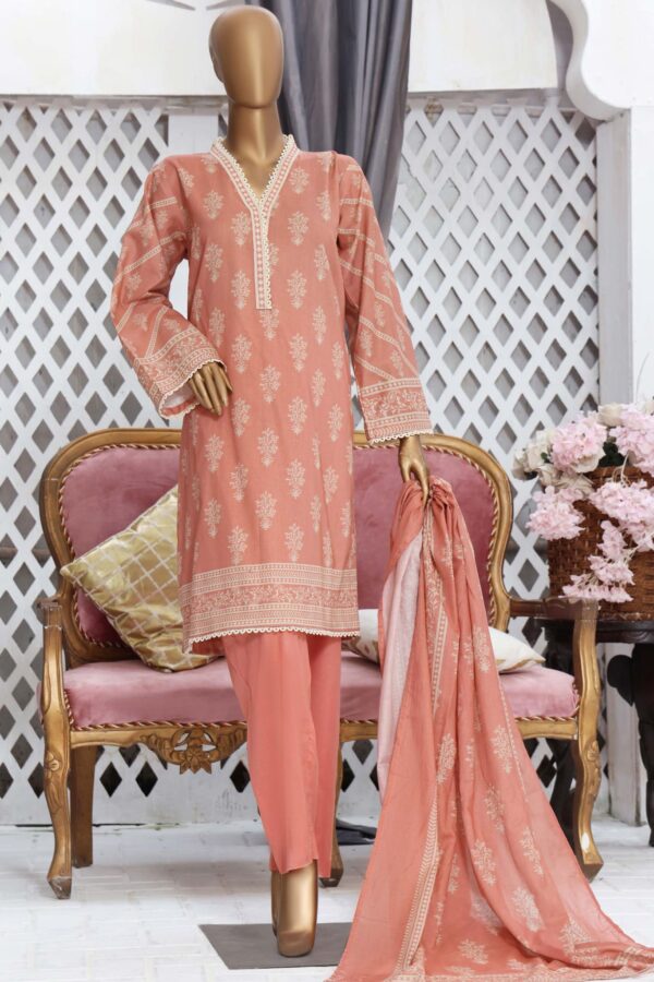 Bin Saeed Stitched 3 Piece Printed Cotton Collection Peach