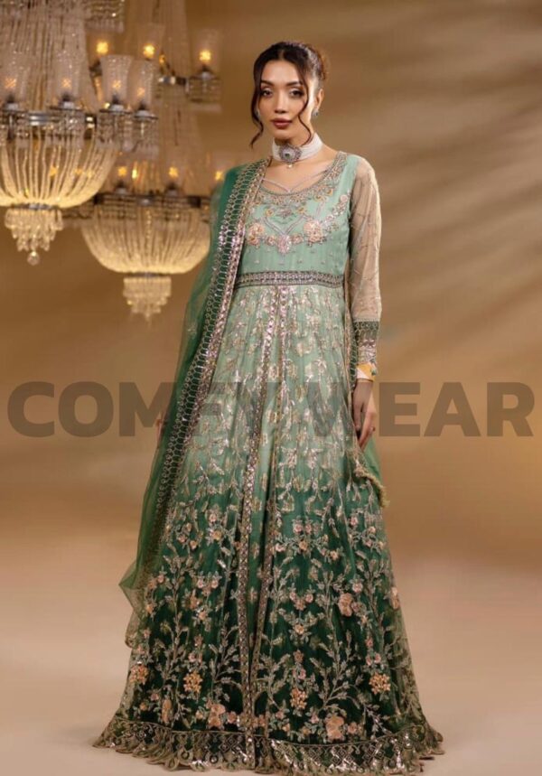 Emerald Bloom Embroidered Net Anarkali with Dupatta