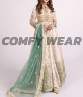 Ivory Embroidered Net Anarkali with Green Dupatta