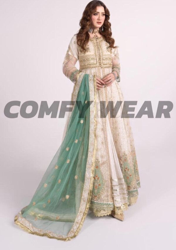 Ivory Embroidered Net Anarkali with Green Dupatta