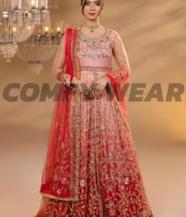 Rosé Glow Embroidered Net Anarkali with Red Dupatta