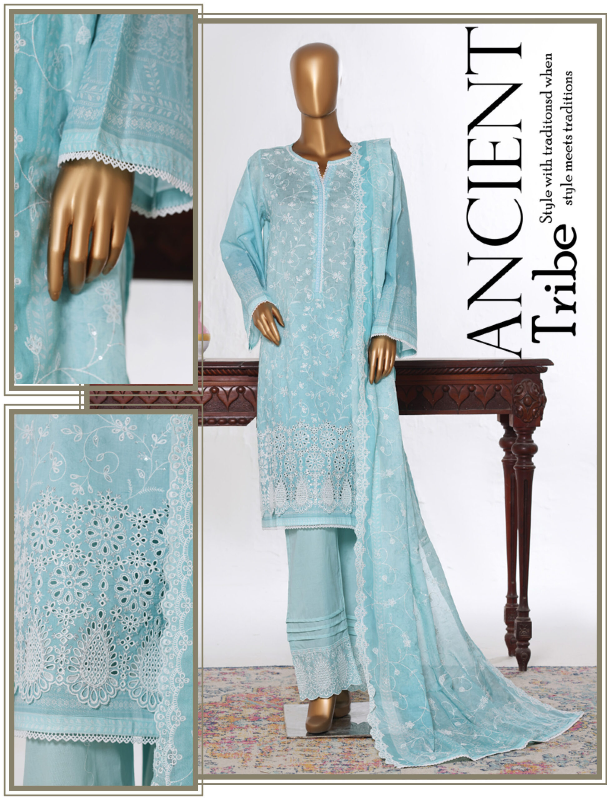 Bin Saeed 3PC Lawn Chikankari & Cutwork Embroidered Suit - Image 4