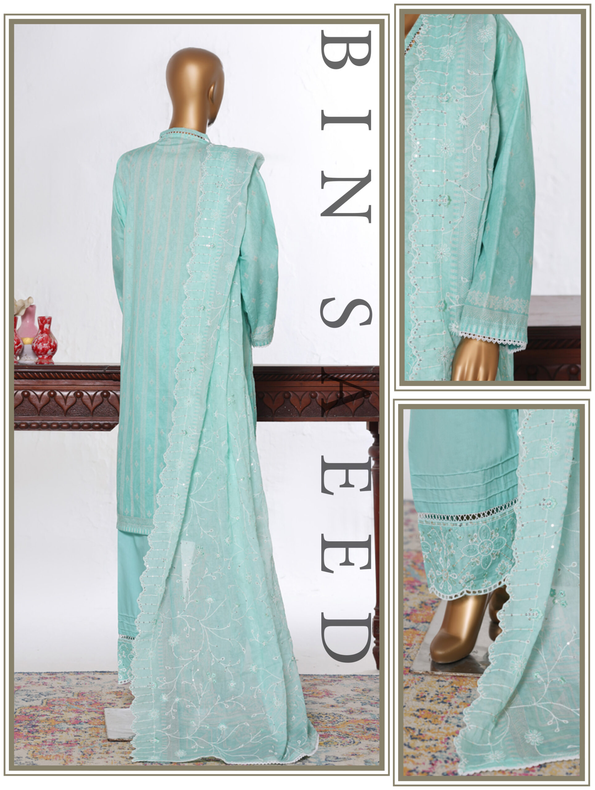 Bin Saeed 3PC Lawn Chikankari & Cutwork Embroidered Suit - Image 3