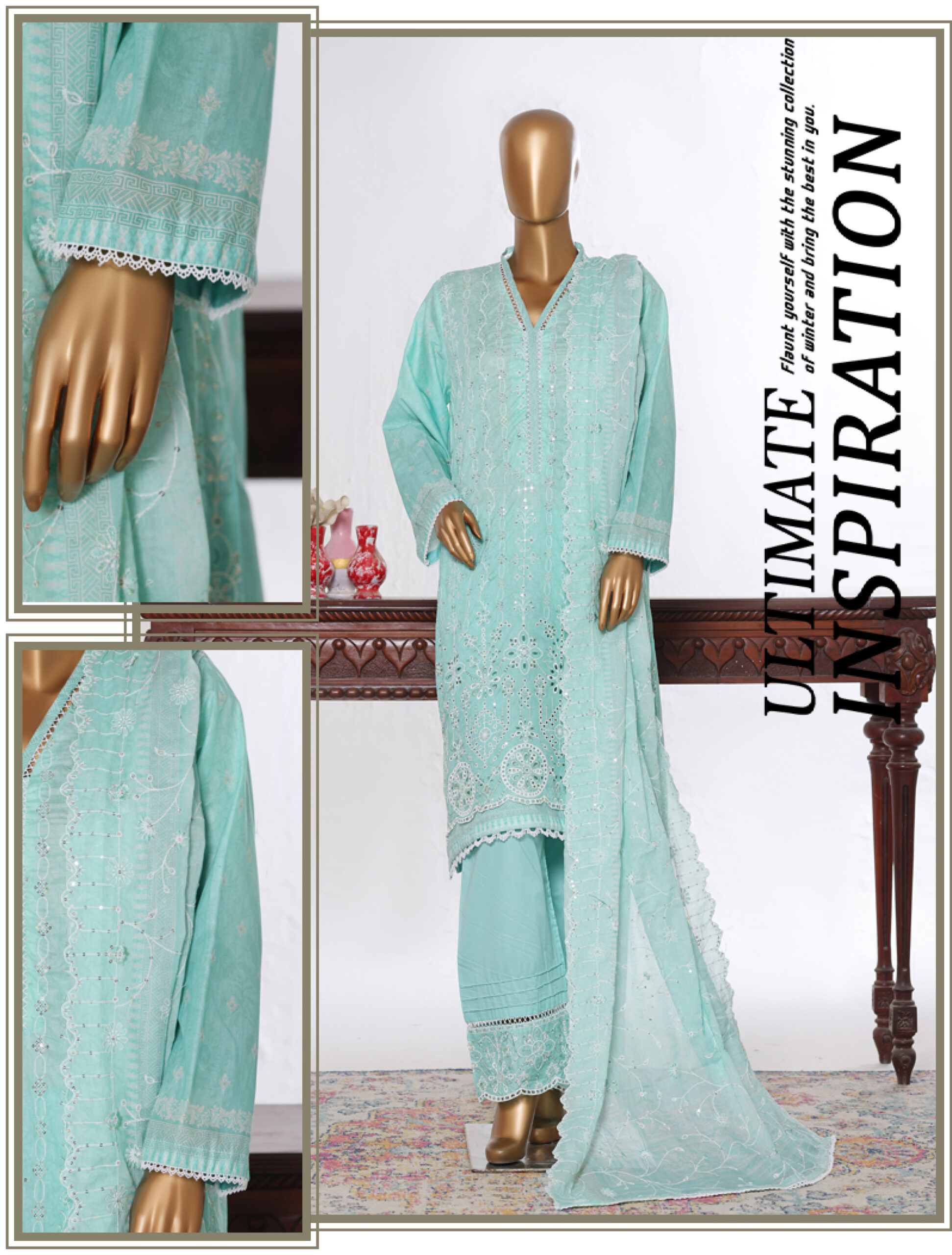 Bin Saeed 3PC Lawn Chikankari & Cutwork Embroidered Suit - Image 4