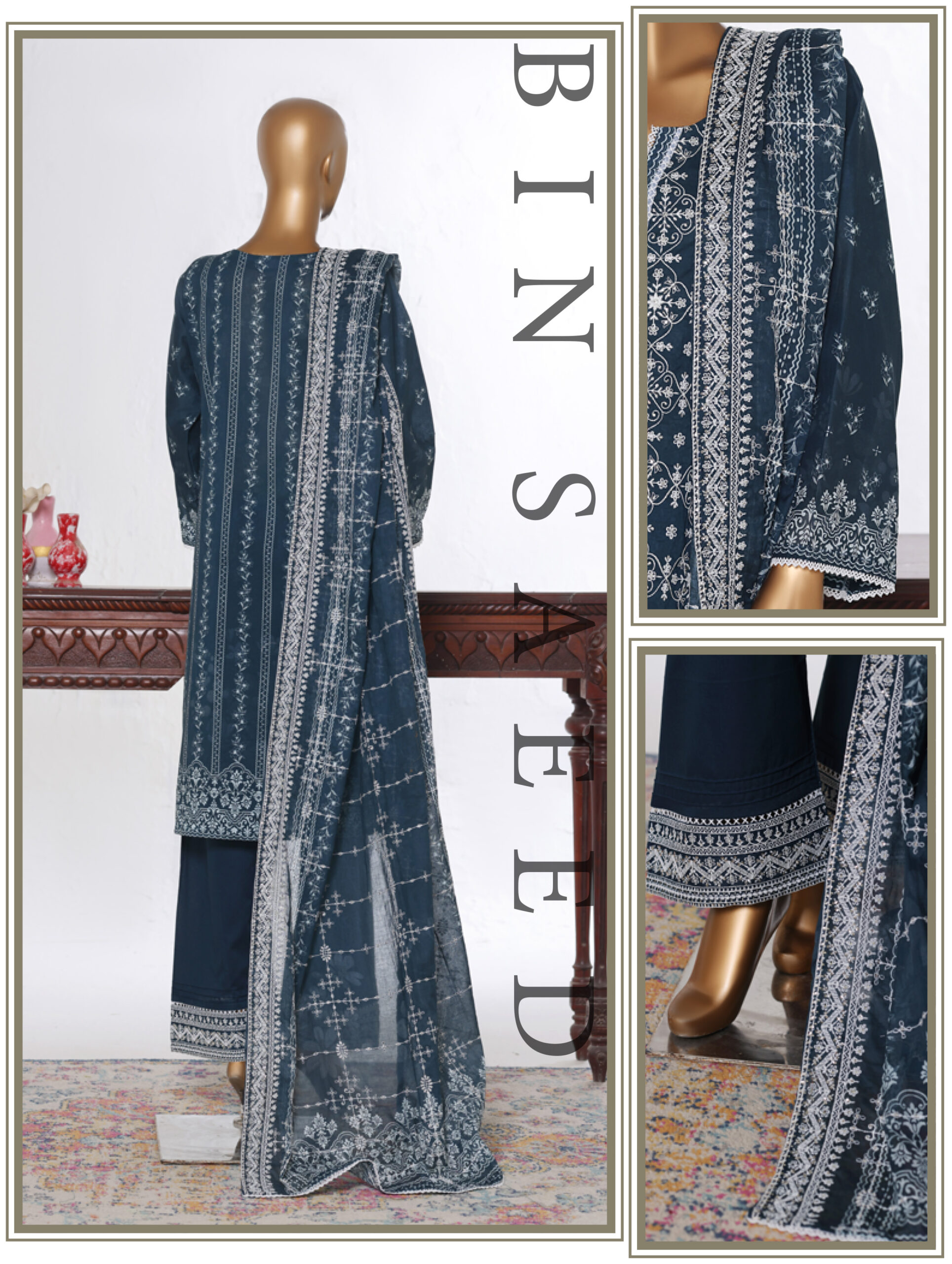 Bin Saeed 3PC Lawn Chikankari & Cutwork Embroidered Suit - Image 3