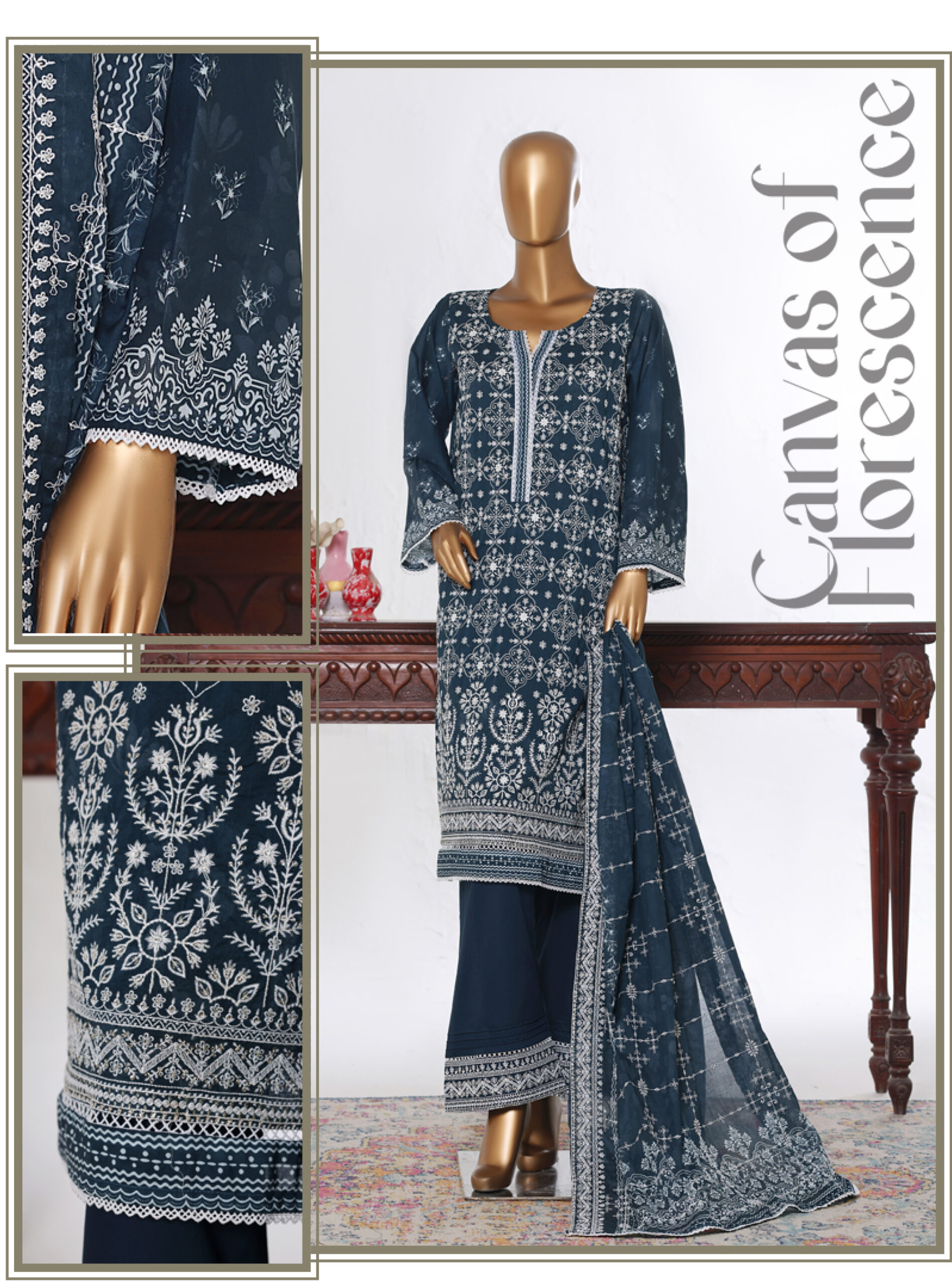 Bin Saeed 3PC Lawn Chikankari & Cutwork Embroidered Suit - Image 4