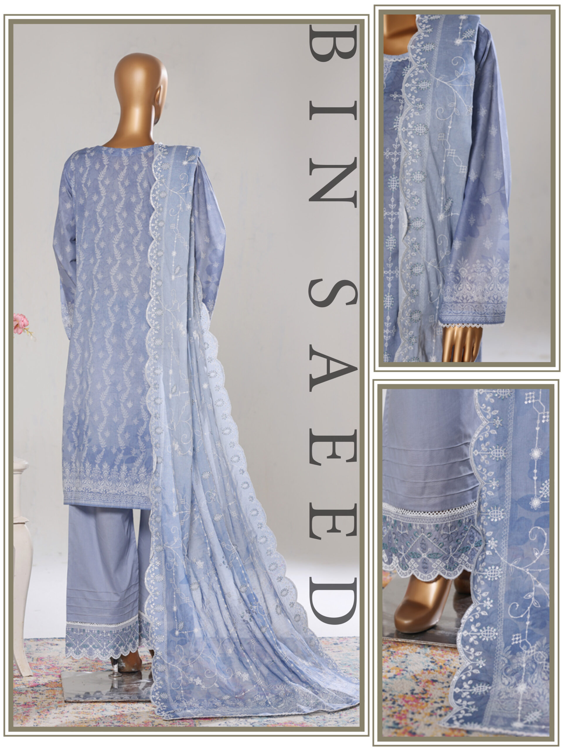 Bin Saeed 3PC Lawn Chikankari & Cutwork Embroidered Suit - Image 3