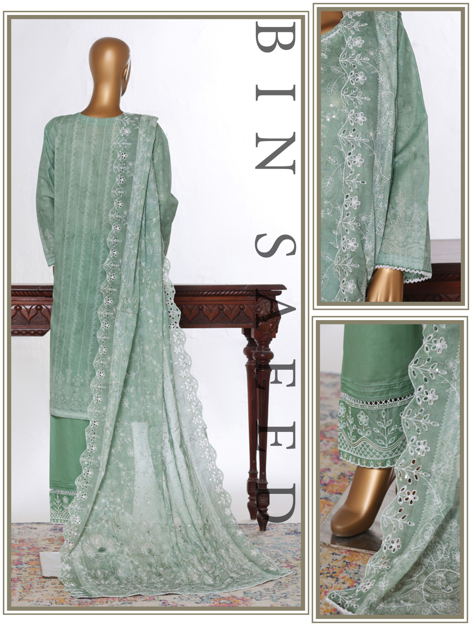 Bin Saeed 3PC Lawn Chikankari & Cutwork Embroidered Suit - Image 3