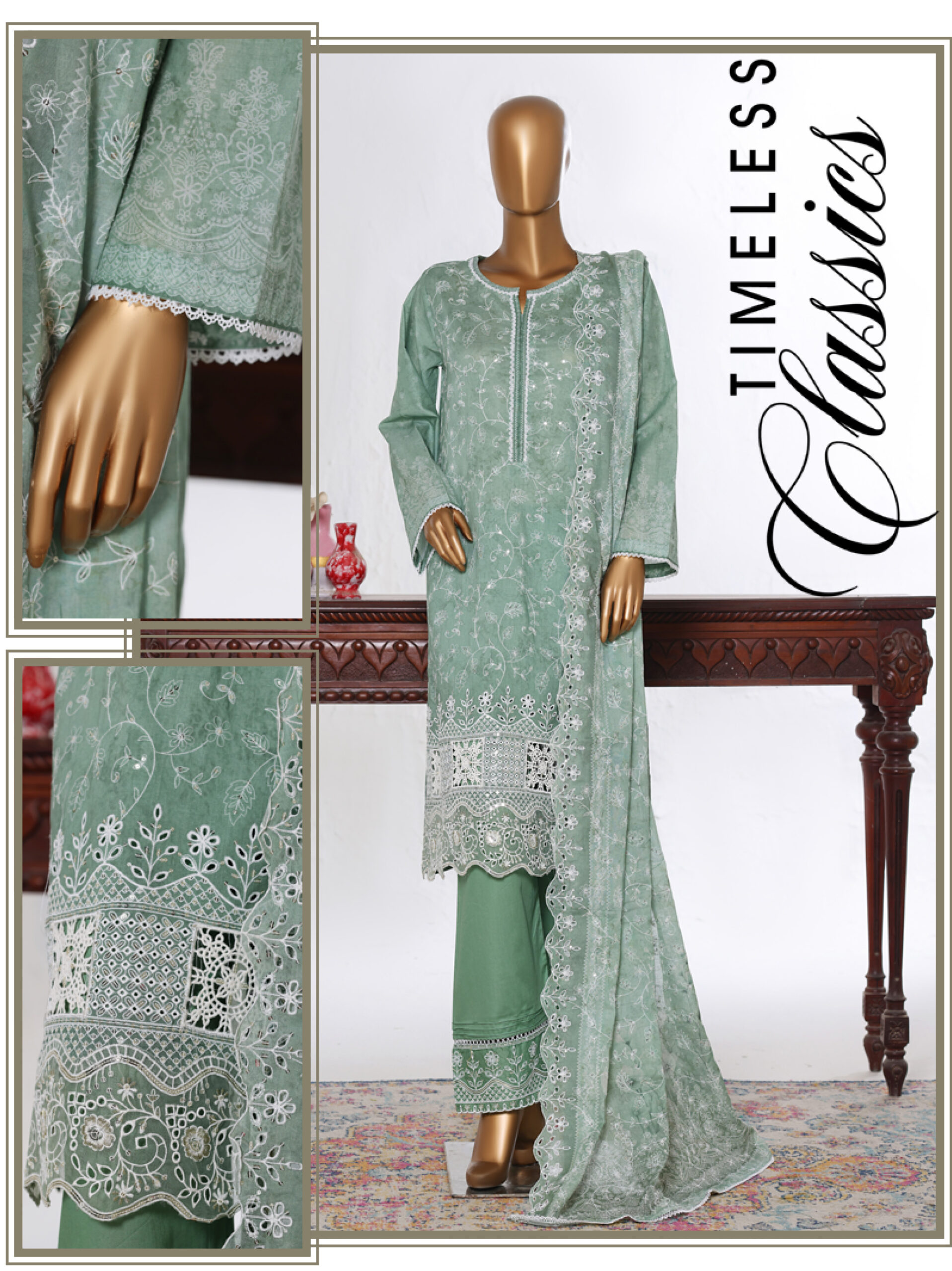 Bin Saeed 3PC Lawn Chikankari & Cutwork Embroidered Suit - Image 4