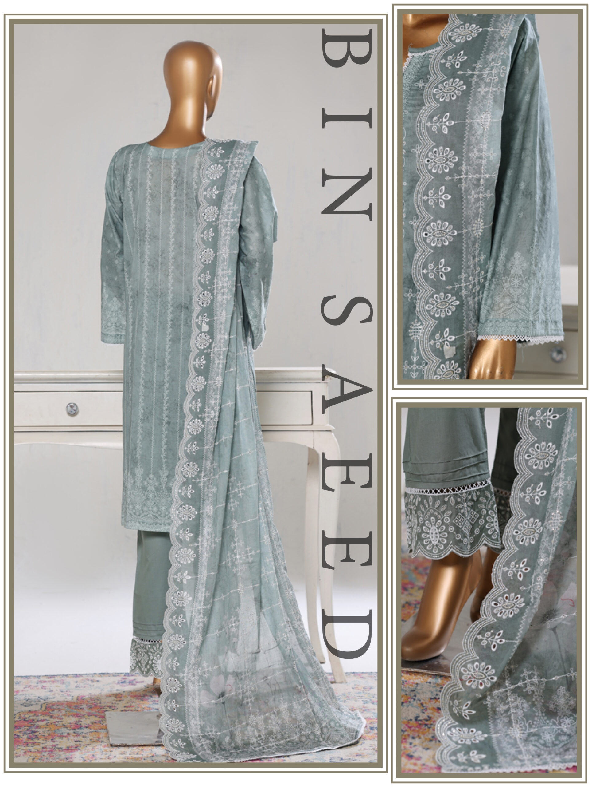 Bin Saeed 3PC Lawn Chikankari & Cutwork Embroidered Suit - Image 3
