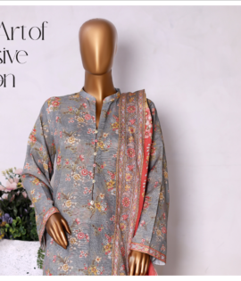 3pc khader bin saeedBin Saeed Fabrics presents a women's 3 Piece Stitched Printed Suit in charcoal, crafted from soft Khaddar fabric for comfort and warmth during cooler seasons. The set includes a long shirt, culottes-style trousers, and a matching dupatta, all featuring delicate lace work for subtle elegance without embroidery