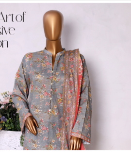 3pc khader bin saeedBin Saeed Fabrics presents a women's 3 Piece Stitched Printed Suit in charcoal, crafted from soft Khaddar fabric for comfort and warmth during cooler seasons. The set includes a long shirt, culottes-style trousers, and a matching dupatta, all featuring delicate lace work for subtle elegance without embroidery