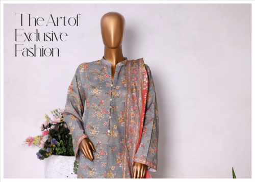 3pc khader bin saeedBin Saeed Fabrics presents a women's 3 Piece Stitched Printed Suit in charcoal, crafted from soft Khaddar fabric for comfort and warmth during cooler seasons. The set includes a long shirt, culottes-style trousers, and a matching dupatta, all featuring delicate lace work for subtle elegance without embroidery