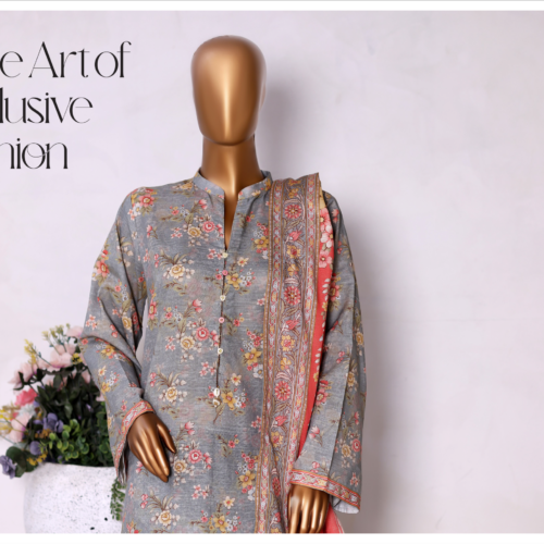 3pc khader bin saeedBin Saeed Fabrics presents a women's 3 Piece Stitched Printed Suit in charcoal, crafted from soft Khaddar fabric for comfort and warmth during cooler seasons. The set includes a long shirt, culottes-style trousers, and a matching dupatta, all featuring delicate lace work for subtle elegance without embroidery